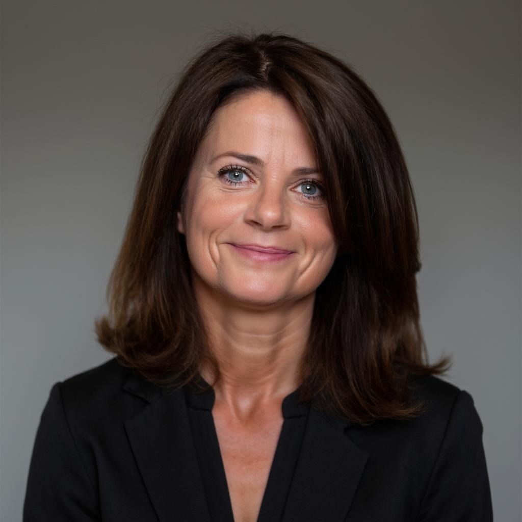 Eine Frau mit schulterlangen braunen Haaren, gekleidet in einen schwarzen Blazer, lächelt sanft in die Kamera vor einem schlichten grauen Hintergrund - perfekt für das Porträt einer professionellen Immobilienmaklerin in Wien.